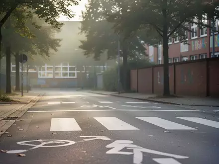 Ein leerer Fußgängerüberweg an einer Schule in einer bayerischen Kleinstadt bei Tageslicht. - Foto: über boerse-global.de