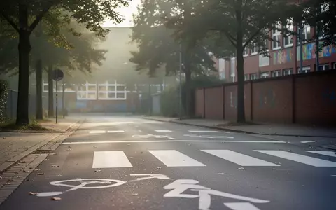 Ein leerer Fußgängerüberweg an einer Schule in einer bayerischen Kleinstadt bei Tageslicht. - Foto: über boerse-global.de