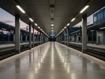 Ein leerer, modern gestalteter Bahnsteig in der Dämmerung mit sauberer Architektur und dezenter Beleuchtung. - Foto: über boerse-global.de