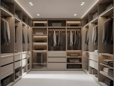 Ein minimalistisch gestalteter, hochwertiger begehbarer Kleiderschrank mit ordentlich sortierten Textilien in einer ruhigen, hellen Umgebung. - Foto: über boerse-global.de