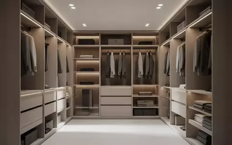 Ein minimalistisch gestalteter, hochwertiger begehbarer Kleiderschrank mit ordentlich sortierten Textilien in einer ruhigen, hellen Umgebung. - Foto: über boerse-global.de