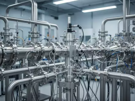 Detailaufnahme einer komplexen wissenschaftlichen Apparatur mit Edelstahlrohren und Vakuumsystemen in einem Forschungslabor. - Foto: über boerse-global.de