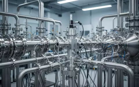 Detailaufnahme einer komplexen wissenschaftlichen Apparatur mit Edelstahlrohren und Vakuumsystemen in einem Forschungslabor. - Foto: über boerse-global.de