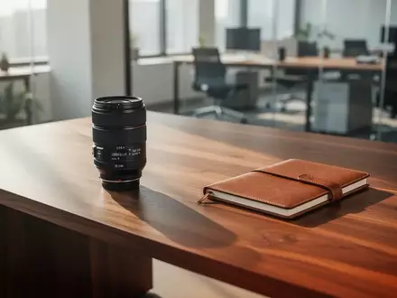 Ein moderner Schreibtisch mit einem professionellen Kameraobjektiv und einem Notizbuch in einem hellen Büro. - Foto: über boerse-global.de