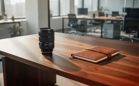 Ein moderner Schreibtisch mit einem professionellen Kameraobjektiv und einem Notizbuch in einem hellen Büro. - Foto: über boerse-global.de