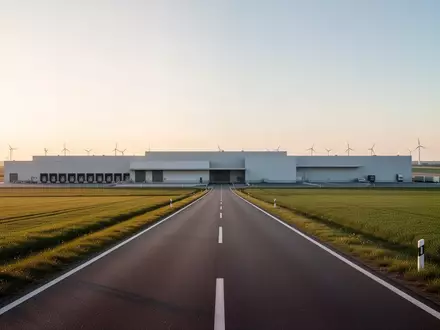 Eine leere, asphaltierte Logistikstraße in einer ländlichen Umgebung mit Windrädern am Horizont bei Sonnenuntergang. - Foto: über boerse-global.de