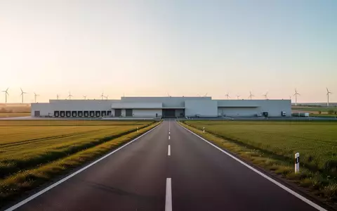 Eine leere, asphaltierte Logistikstraße in einer ländlichen Umgebung mit Windrädern am Horizont bei Sonnenuntergang. - Foto: über boerse-global.de