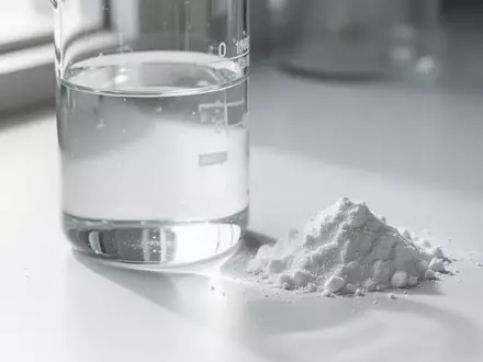 Ein Glasbecher mit klarem Wasser und eine kleine Menge weißes Vitaminpulver auf einer sterilen, weißen Laboroberfläche. - Foto: über boerse-global.de