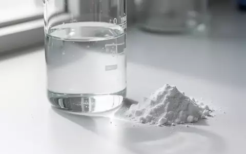 Ein Glasbecher mit klarem Wasser und eine kleine Menge weißes Vitaminpulver auf einer sterilen, weißen Laboroberfläche. - Foto: über boerse-global.de