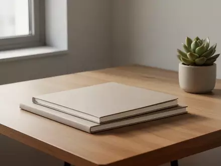 Ein minimalistischer, moderner Arbeitsplatz mit einem Holztisch, Notizbüchern und einer Sukkulente in natürlichem Licht. - Foto: über boerse-global.de