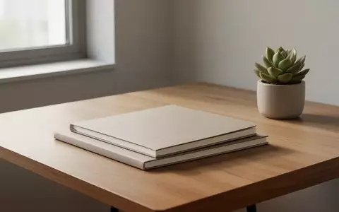 Ein minimalistischer, moderner Arbeitsplatz mit einem Holztisch, Notizbüchern und einer Sukkulente in natürlichem Licht. - Foto: über boerse-global.de