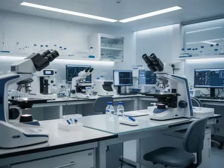 Modernes medizinisches Forschungslabor mit diagnostischen Geräten und Mikroskopen in steriler Umgebung. - Foto: über boerse-global.de