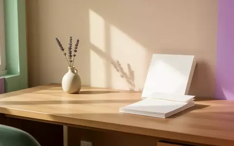 Ein minimalistischer, lichtdurchfluteter Arbeitsplatz mit pastellfarbenen Einrichtungsakzenten in Beige, Mint und Lila. - Foto: über boerse-global.de