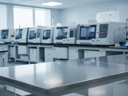 Ein klinisches Labor mit automatisierten Analysegeräten im Hintergrund und einer leeren, glatten Edelstahlarbeitsfläche im Vordergrund. - Foto: über boerse-global.de