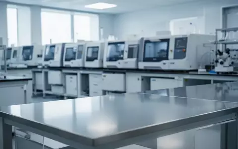 Ein klinisches Labor mit automatisierten Analysegeräten im Hintergrund und einer leeren, glatten Edelstahlarbeitsfläche im Vordergrund. - Foto: über boerse-global.de