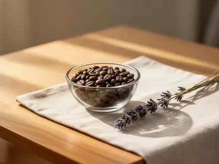Nahaufnahme von gerösteten Kaffeebohnen und einem Lavendelzweig auf einem hellen Holztisch in weichem Morgenlicht. - Foto: über boerse-global.de