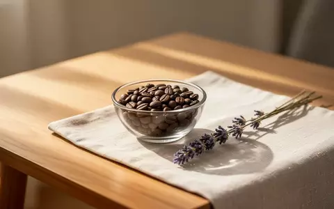 Nahaufnahme von gerösteten Kaffeebohnen und einem Lavendelzweig auf einem hellen Holztisch in weichem Morgenlicht. - Foto: über boerse-global.de