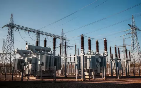Moderne elektrische Umspannstation mit Hochspannungsmasten unter blauem Himmel. - Foto: über boerse-global.de