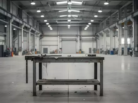 Leere, moderne Fabrikhalle mit einer verlassenen Werkbank im Vordergrund. - Foto: über boerse-global.de