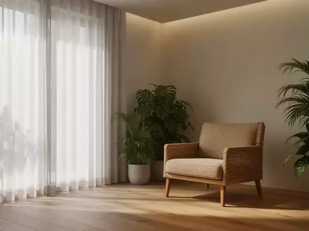 Ein minimalistischer, ruhiger Raum mit natürlichem Licht, Holzfußboden und Pflanzen als Symbol für mentale Erholung. - Foto: über boerse-global.de