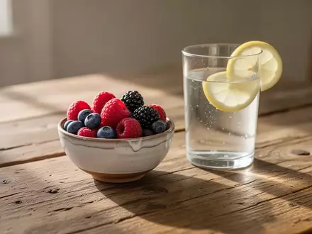 Eine Schale mit frischen Beeren und ein Glas Wasser auf einem Holztisch bei Morgenlicht. - Foto: über boerse-global.de