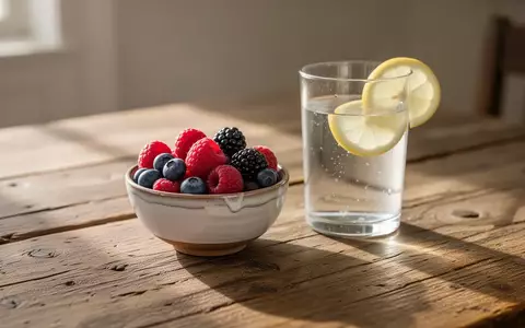 Eine Schale mit frischen Beeren und ein Glas Wasser auf einem Holztisch bei Morgenlicht. - Foto: über boerse-global.de