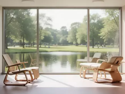 Ein heller, minimalistischer Therapieraum mit bodentiefen Fenstern und Blick ins Grüne. - Foto: über boerse-global.de