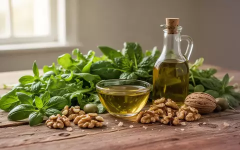 Frische mediterrane Lebensmittel wie grünes Blattgemüse und Walnüsse auf einem Holztisch bei natürlichem Licht. - Foto: über boerse-global.de