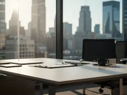Ein moderner, professioneller Schreibtisch in einem Büro mit Blick auf ein Finanzviertel bei Tageslicht. - Foto: über boerse-global.de