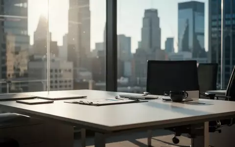 Ein moderner, professioneller Schreibtisch in einem Büro mit Blick auf ein Finanzviertel bei Tageslicht. - Foto: über boerse-global.de