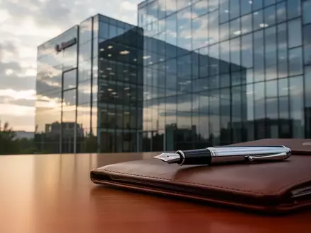 Moderne Büroarchitektur im Hintergrund mit einem Füllfederhalter auf einer Ledermappe im Vordergrund. - Foto: über boerse-global.de