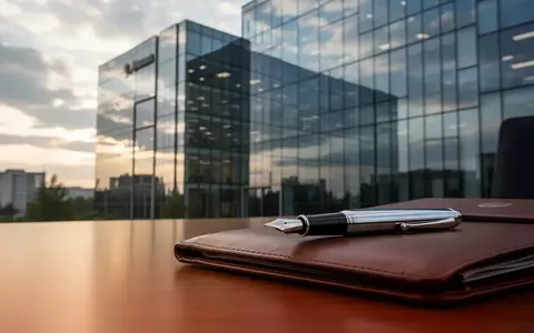 Moderne Büroarchitektur im Hintergrund mit einem Füllfederhalter auf einer Ledermappe im Vordergrund. - Foto: über boerse-global.de