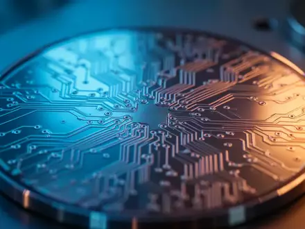 Detailaufnahme einer Silizium-Wafer-Oberfläche mit komplexen Schaltkreisstrukturen in einer industriellen Laborumgebung. - Foto: über boerse-global.de
