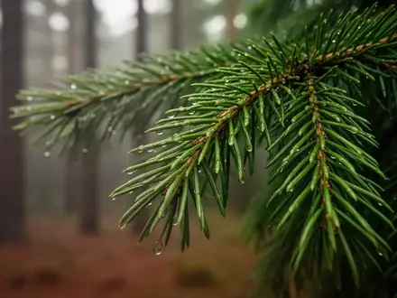 Nahaufnahme von frischen, taufrischen Kiefernnadeln an einem Zweig in einem Wald bei natürlichem Licht. - Foto: über boerse-global.de