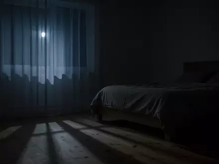 Ein minimalistisches Schlafzimmer in der Nacht, in dem schwaches Mondlicht durch einen Vorhang fällt und sanfte Schatten wirft. - Foto: über boerse-global.de