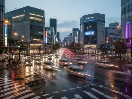 Eine belebte, regennasse Straßenkreuzung in Tokio bei Dämmerung mit fließendem Verkehr. - Foto: über boerse-global.de