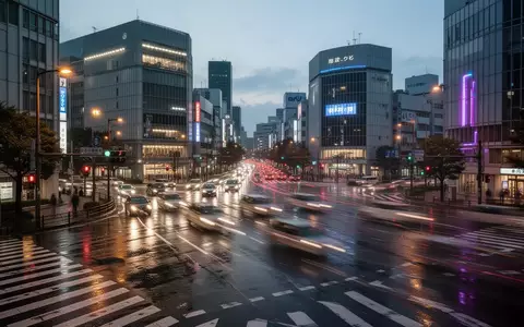 Eine belebte, regennasse Straßenkreuzung in Tokio bei Dämmerung mit fließendem Verkehr. - Foto: über boerse-global.de