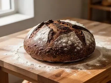 Ein rustikaler Laib Roggenbrot mit bemehlter Kruste auf einer hölzernen Arbeitsfläche in einer Bäckerei. - Foto: über boerse-global.de