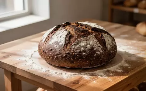 Ein rustikaler Laib Roggenbrot mit bemehlter Kruste auf einer hölzernen Arbeitsfläche in einer Bäckerei. - Foto: über boerse-global.de