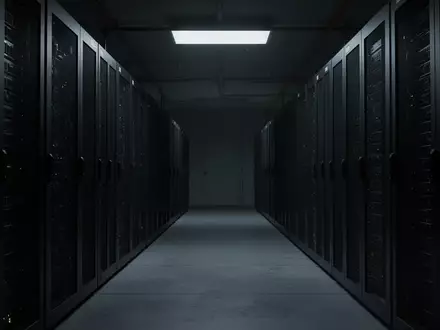 Ein dunkler, minimalistischer Flur in einem Serverraum mit inaktiven Serverschränken in einer sterilen Umgebung. - Foto: über boerse-global.de