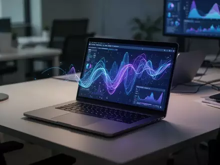 Ein moderner Arbeitsplatz mit einem Laptop, auf dem abstrakte Datenvisualisierungen in Blau- und Violetttönen zu sehen sind. - Foto: über boerse-global.de