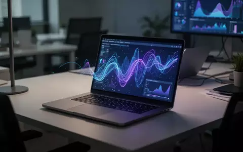 Ein moderner Arbeitsplatz mit einem Laptop, auf dem abstrakte Datenvisualisierungen in Blau- und Violetttönen zu sehen sind. - Foto: über boerse-global.de