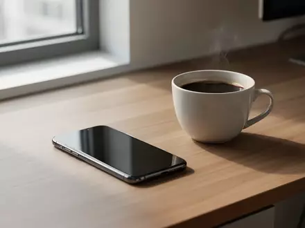 Ein Smartphone und eine Kaffeetasse auf einem modernen Schreibtisch in hellem, natürlichem Tageslicht. - Foto: über boerse-global.de