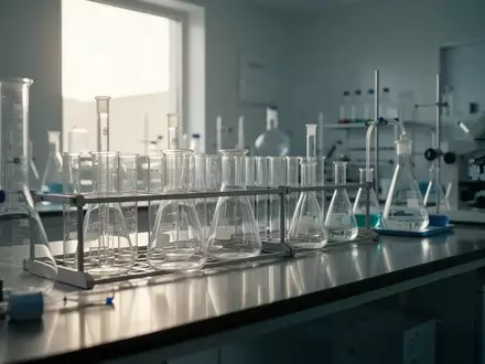 Ein steriles, modernes Labor mit wissenschaftlicher Glasausstattung auf einer Edelstahlarbeitsfläche im natürlichen Licht. - Foto: über boerse-global.de