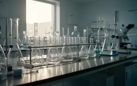 Ein steriles, modernes Labor mit wissenschaftlicher Glasausstattung auf einer Edelstahlarbeitsfläche im natürlichen Licht. - Foto: über boerse-global.de