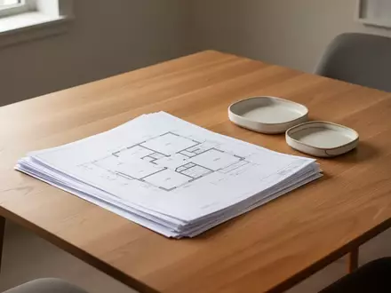 Ein minimalistischer Holztisch in einem ruhigen Raum mit leeren Architekturplänen unter natürlichem Lichteinfall. - Foto: über boerse-global.de