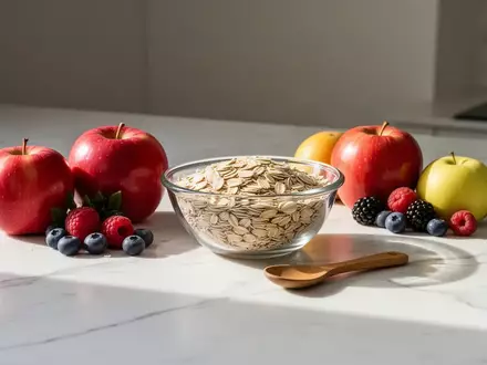 Frische Zutaten wie Beeren, Äpfel und Haferflocken auf einer hellen Arbeitsplatte in einer minimalistischen Küche. - Foto: über boerse-global.de