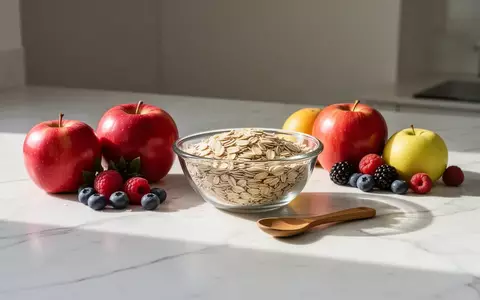 Frische Zutaten wie Beeren, Äpfel und Haferflocken auf einer hellen Arbeitsplatte in einer minimalistischen Küche. - Foto: über boerse-global.de