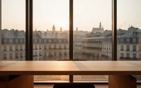 Ein minimalistischer, leerer Büroarbeitsplatz bei Sonnenuntergang mit Blick auf eine verschwommene Stadtkulisse. - Foto: über boerse-global.de