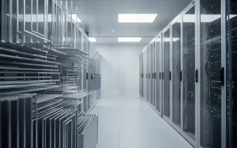 Abstrakte Ansicht einer modernen Server-Infrastruktur mit bläulicher Beleuchtung und geometrischen Strukturen. - Foto: über boerse-global.de